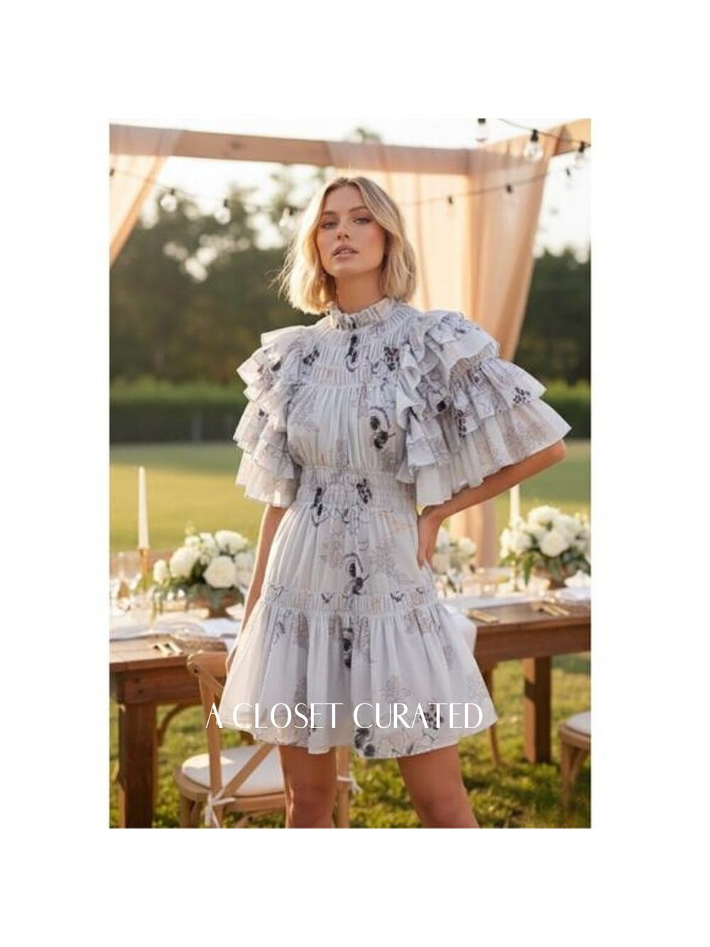 Magali Pascal Adrienne Floral Smocked High Neck Ruffle Tiered Mini Dress Blue XS